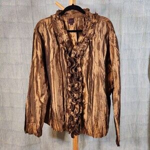 Colour Works Copper Gold Metallic Ruffle Collared Tuxedo Dress Blouse, XXL $50